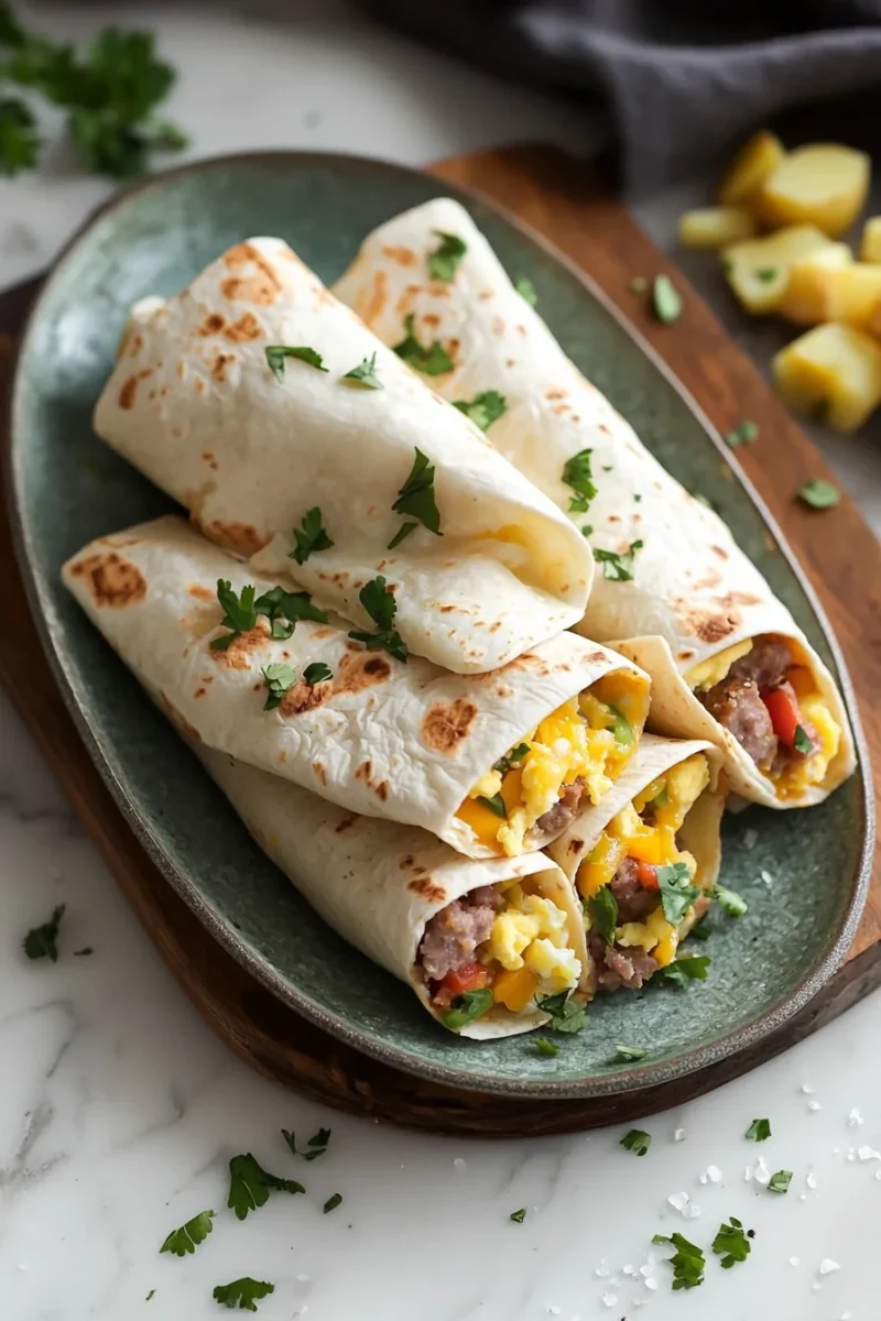 Homemade freezer breakfast burritos ready for a quick meal.