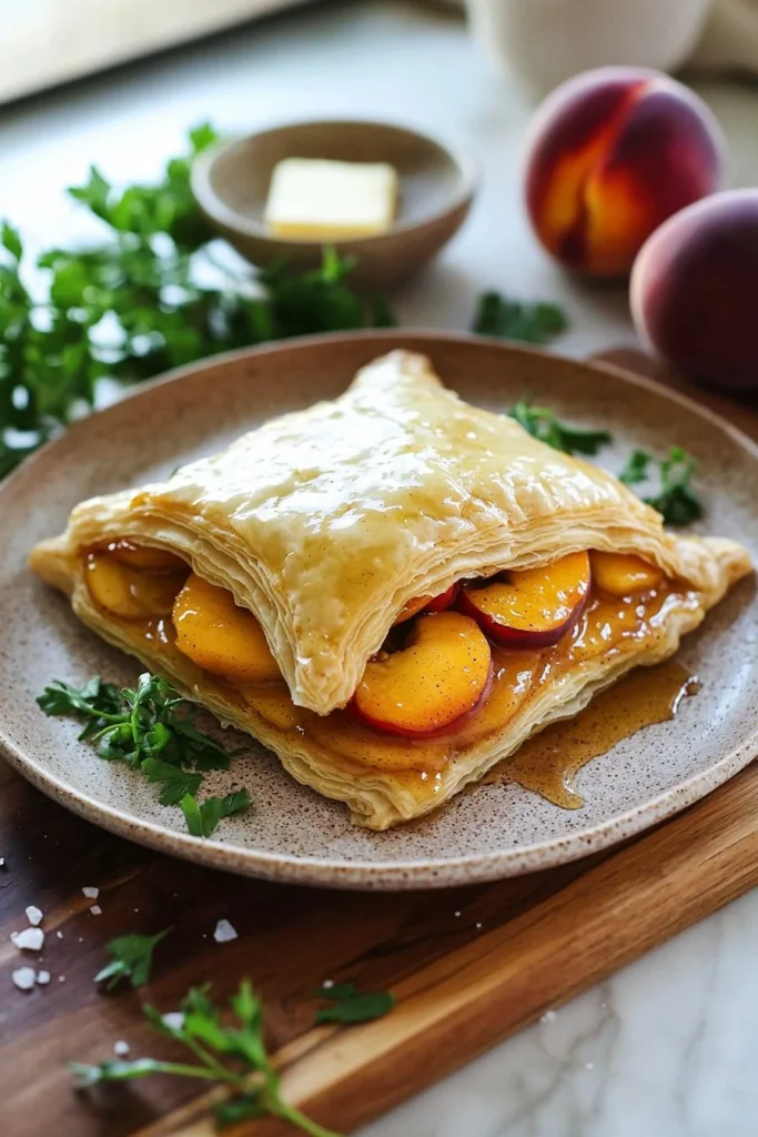 Fresh Peaches Upside-Down Puff Pastry with vibrant peach slices