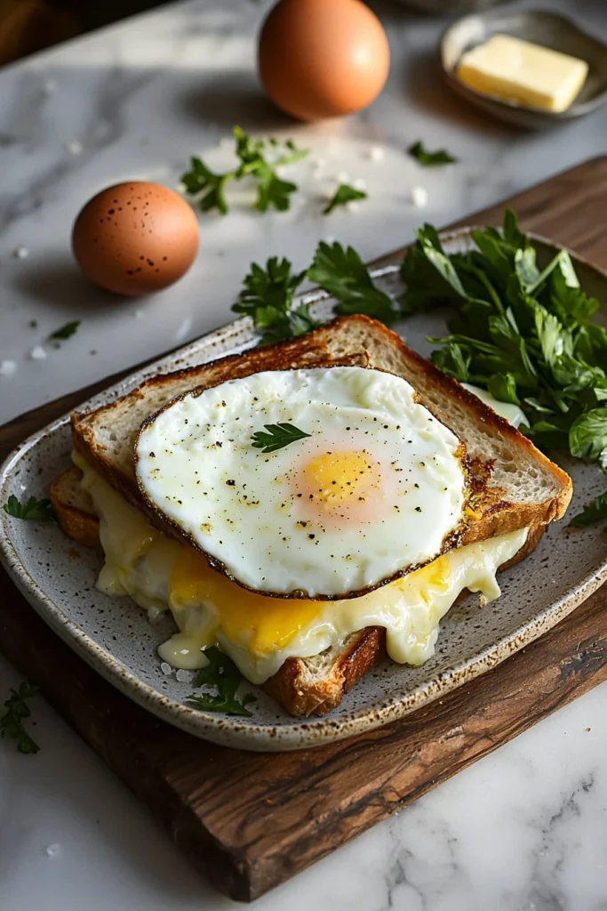 Delicious fried egg grilled cheese sandwich with melted cheese and a perfect egg yolk