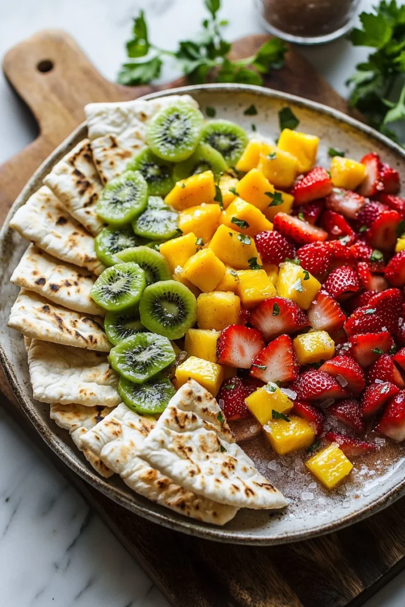 Fruit salsa topped with cinnamon sugar pita chips on a vibrant plate
