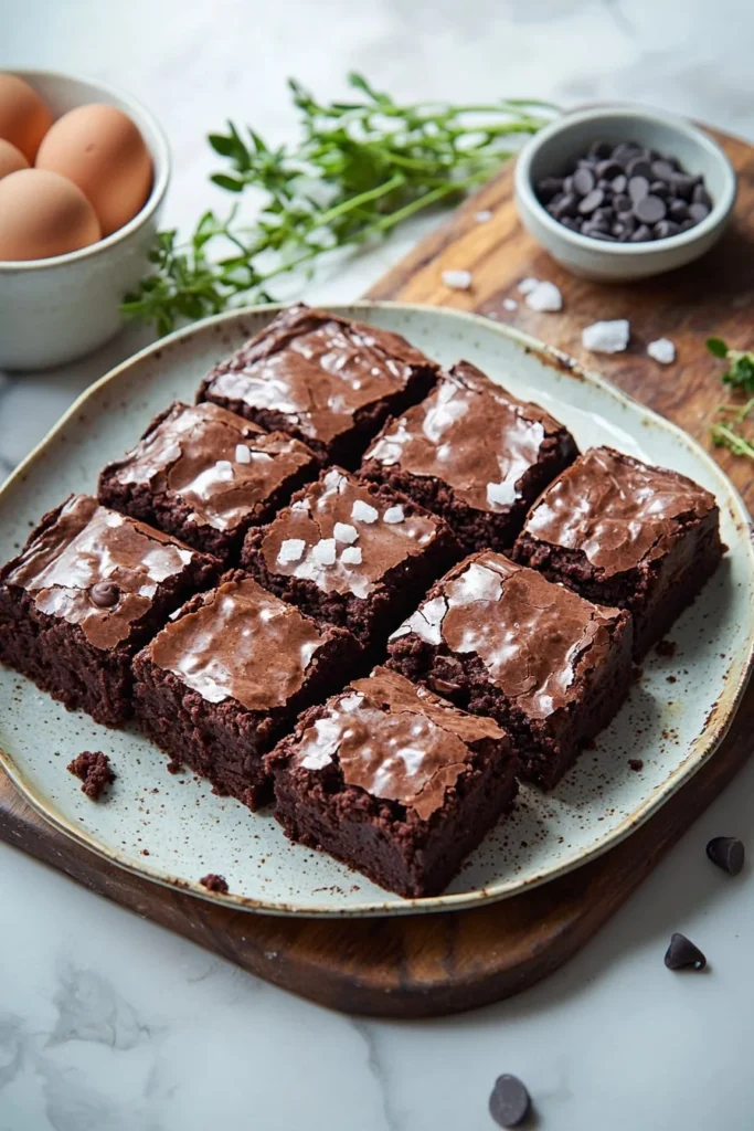 Delicious fudgy chocolate brownies freshly baked and served on a plate.