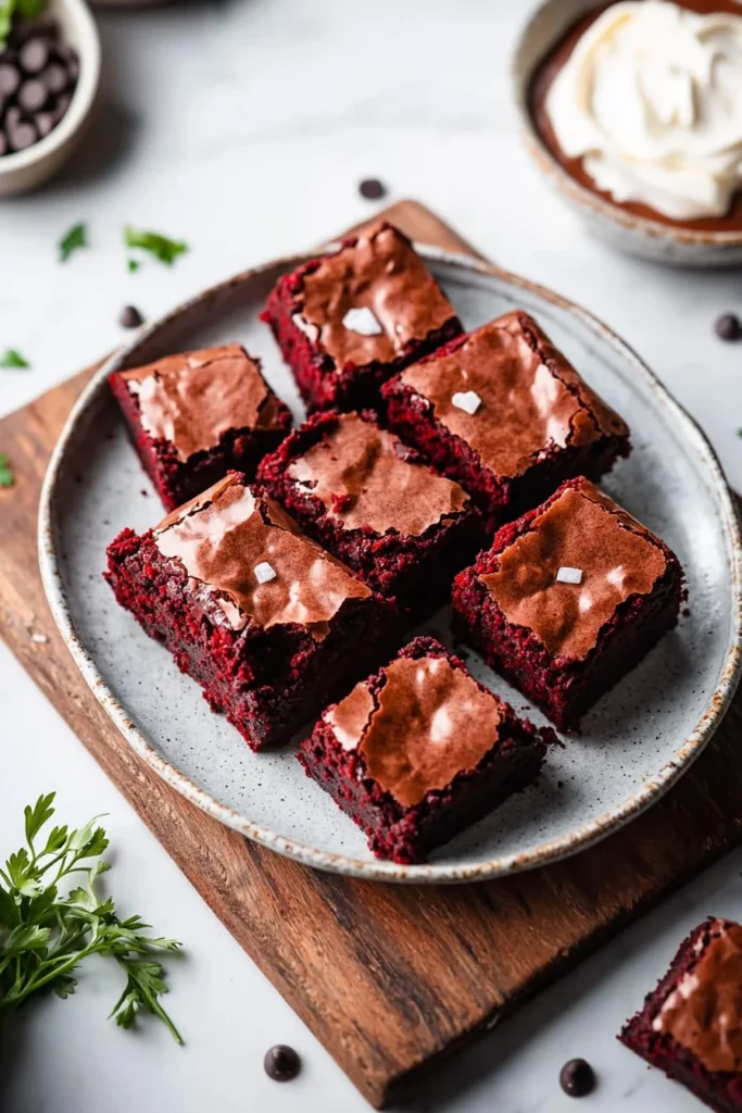 Fudgy red velvet brownies topped with cream cheese frosting