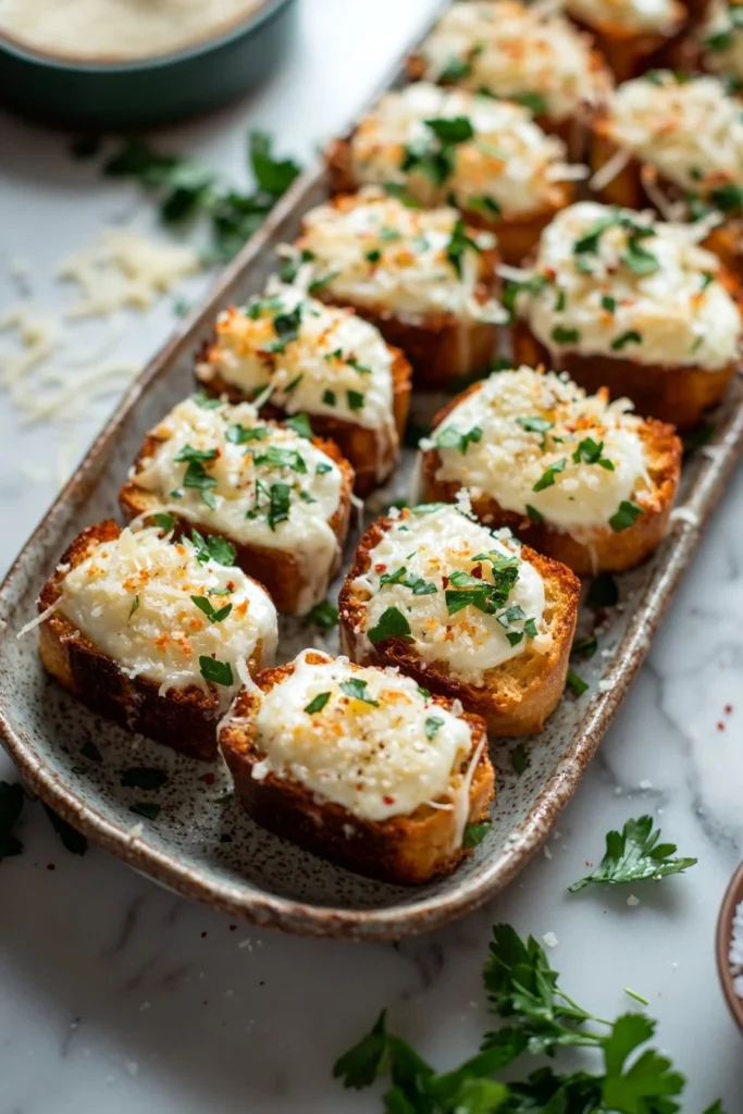 Delicious garlic bread cheesy bites topped with melted cheese and herbs.