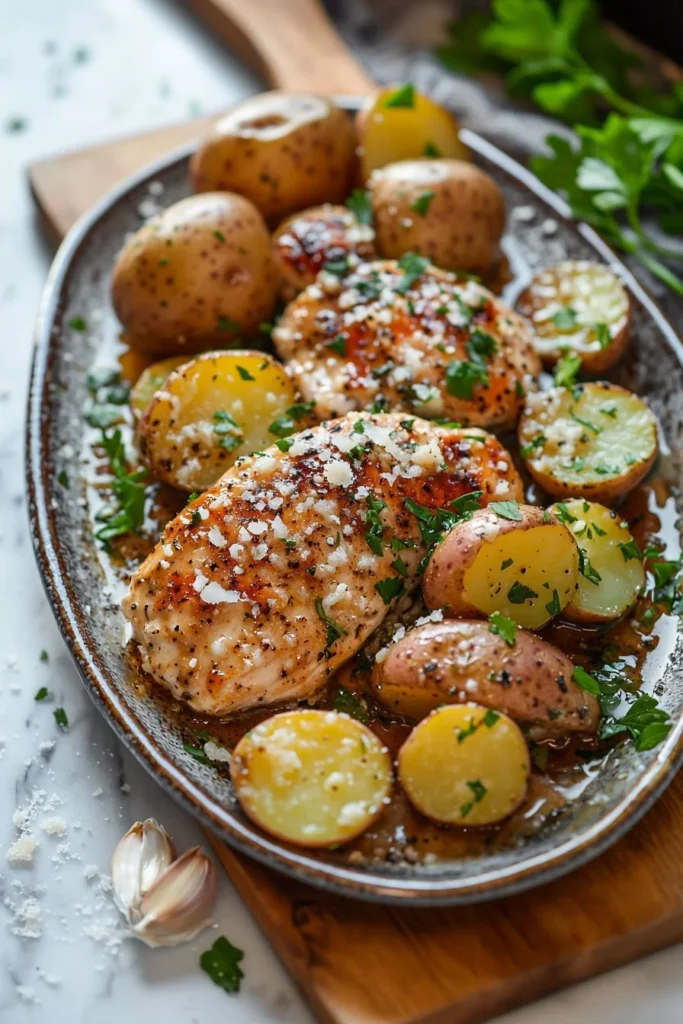 Garlic Parmesan Chicken cooked in a crockpot with potatoes