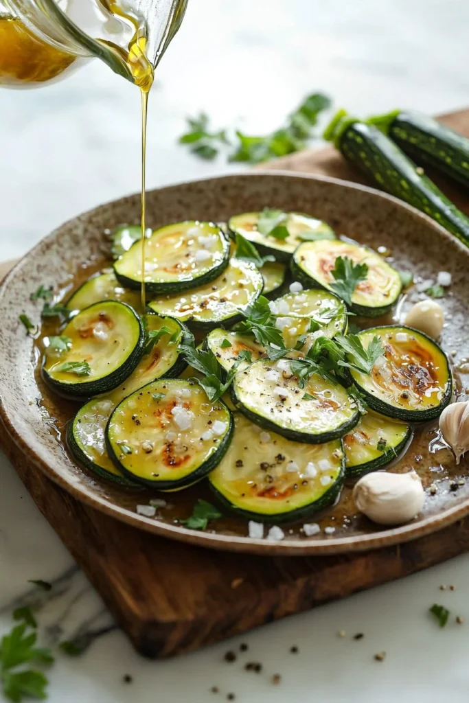 Plate of Garlic Sautéed Zucchini with herbs and garlic seasoning