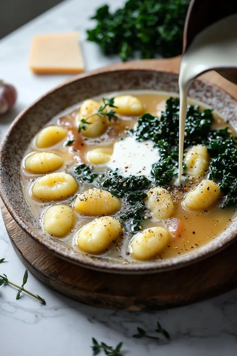 Bowl of Gnocchi Tuscan Soup garnished with herbs and vegetables