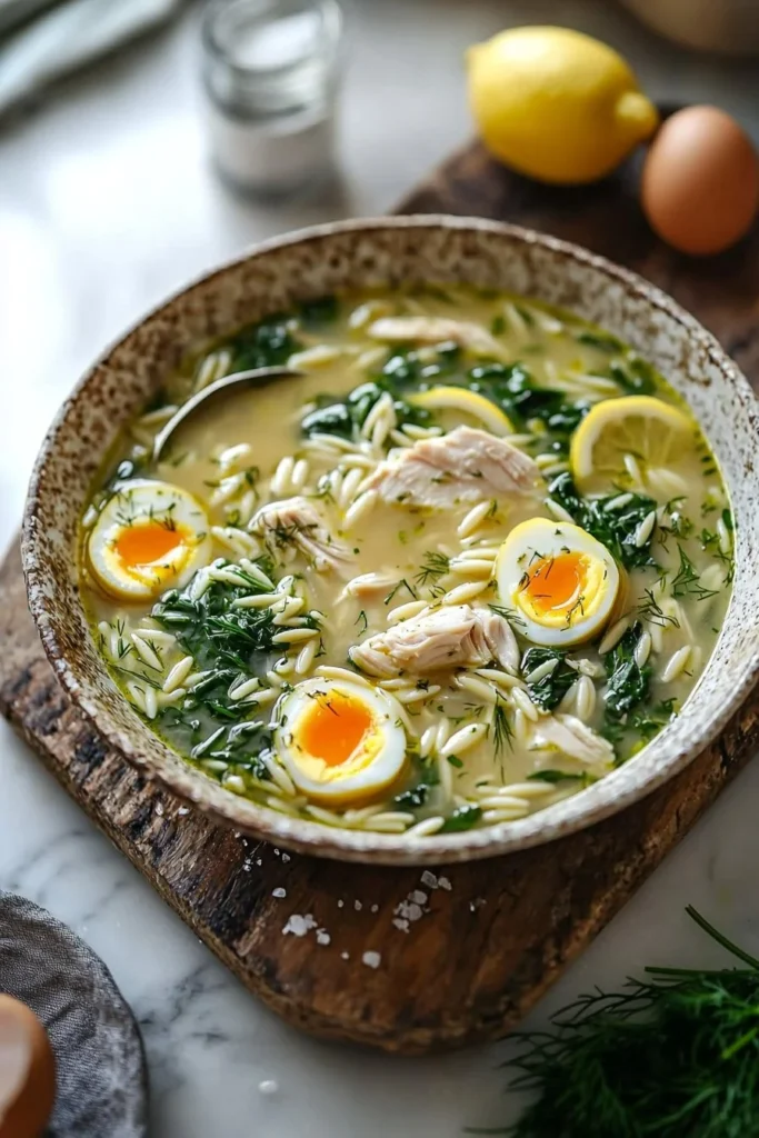 Bowl of Greek lemon chicken soup featuring fresh lemon and herbs