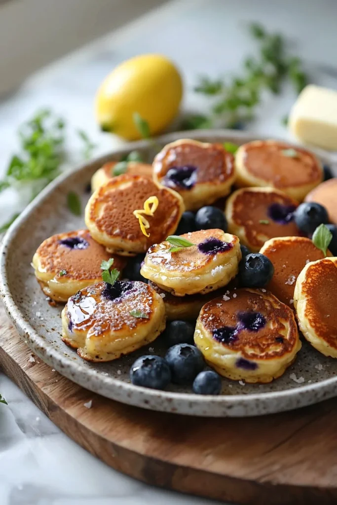 Greek Yogurt Lemon Blueberry Pancake Bites served on a plate