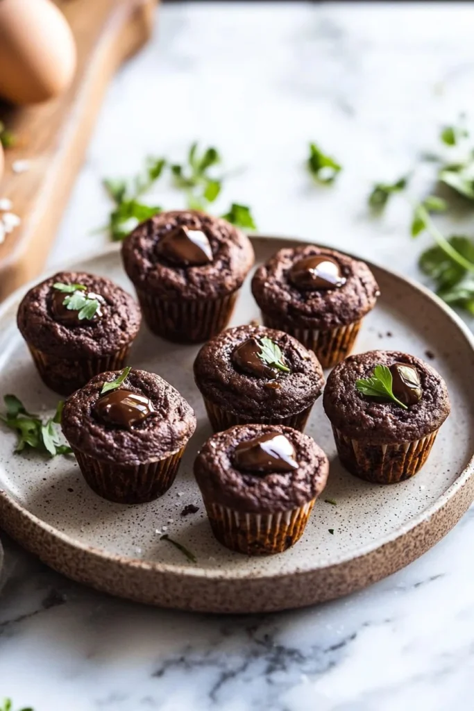 Healthy chocolate mini muffins topped with chocolate chips