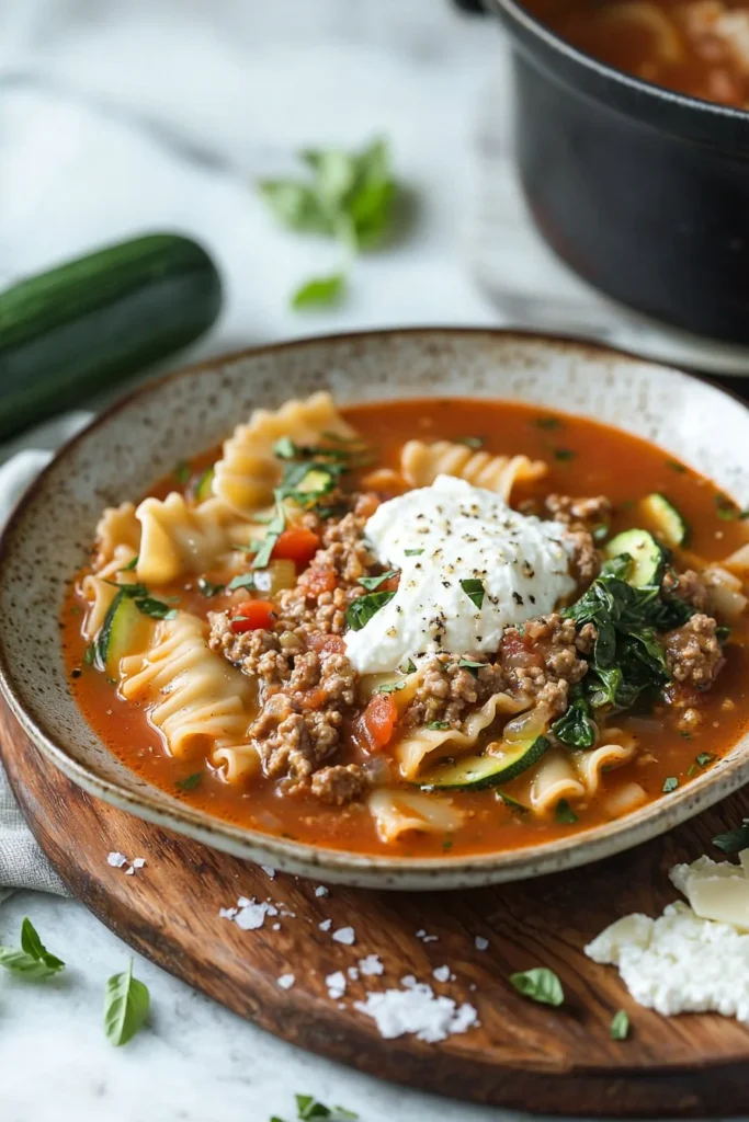 Bowl of healthy lasagna soup topped with fresh herbs and cheese.