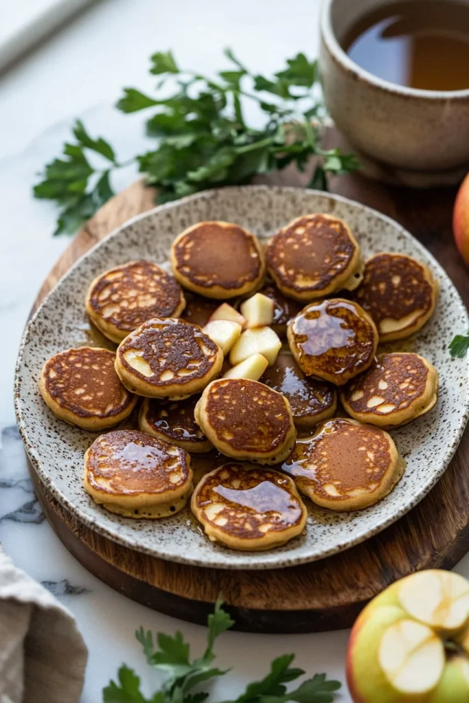 Stack of healthy mini apple pancakes topped with fresh apple slices and syrup