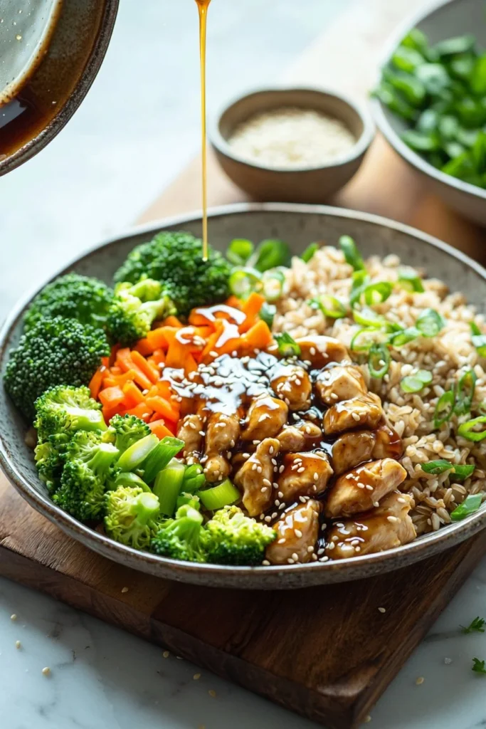 Healthy Sticky Chicken Bowls with vegetables and rice