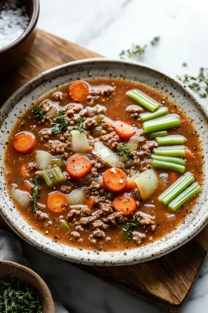 Bowl of hearty ground turkey soup with vegetables on a wooden table