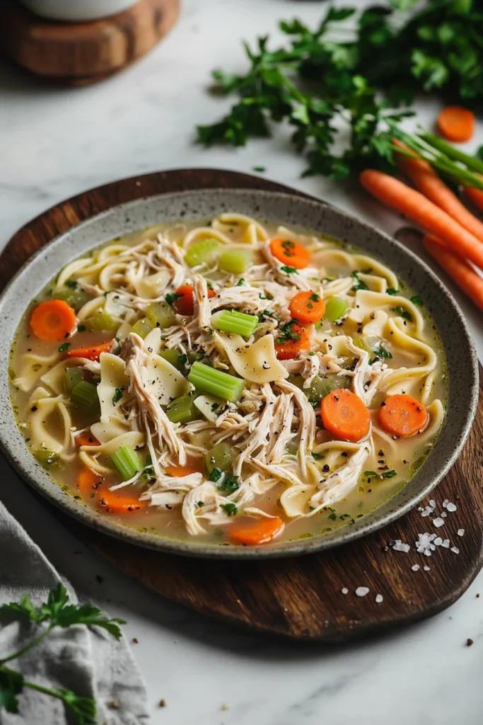 Bowl of high-protein chicken noodle soup with fresh ingredients