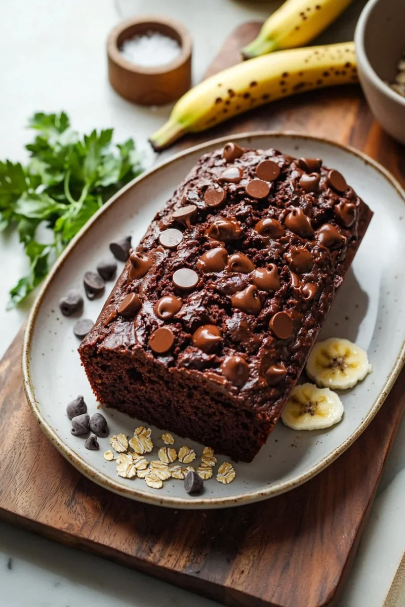 High protein chocolate banana bread with chocolate chips and bananas