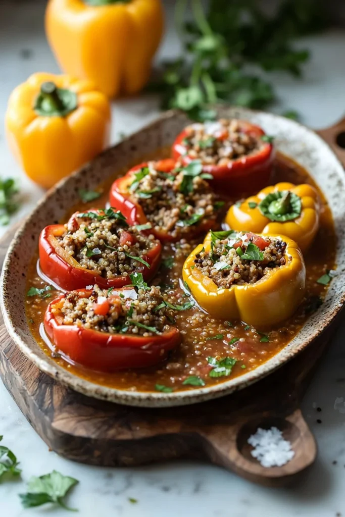 Bowl of high-protein stuffed pepper soup with colorful bell peppers and spices