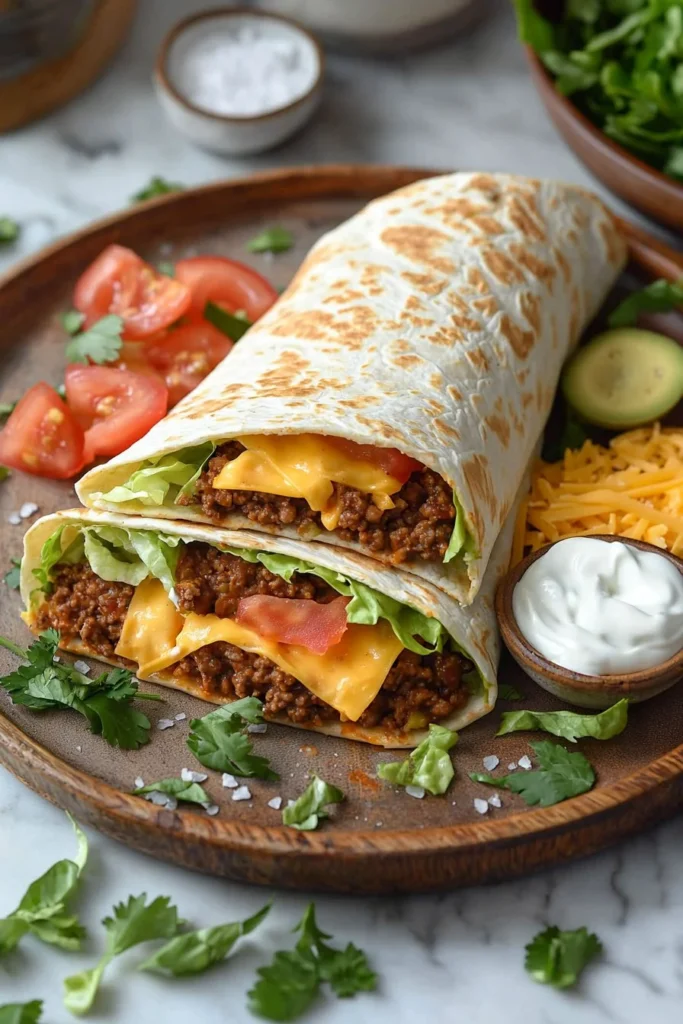 Homemade Blackstone Crunchwrap served with toppings on a plate.