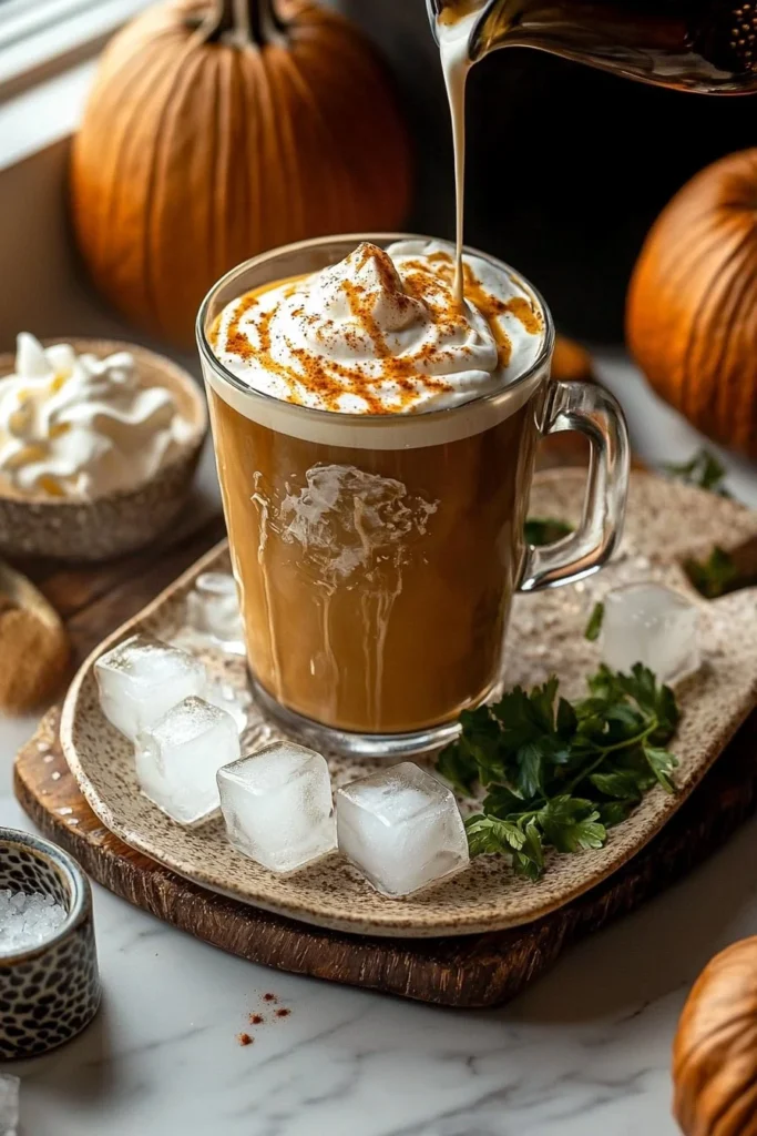 A refreshing homemade iced pumpkin latte topped with whipped cream and spices.