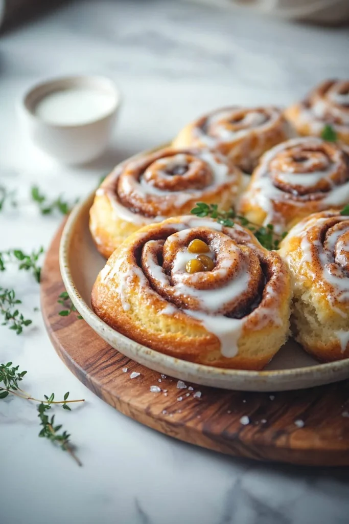 Freshly baked homemade milk bread cinnamon rolls with frosting.