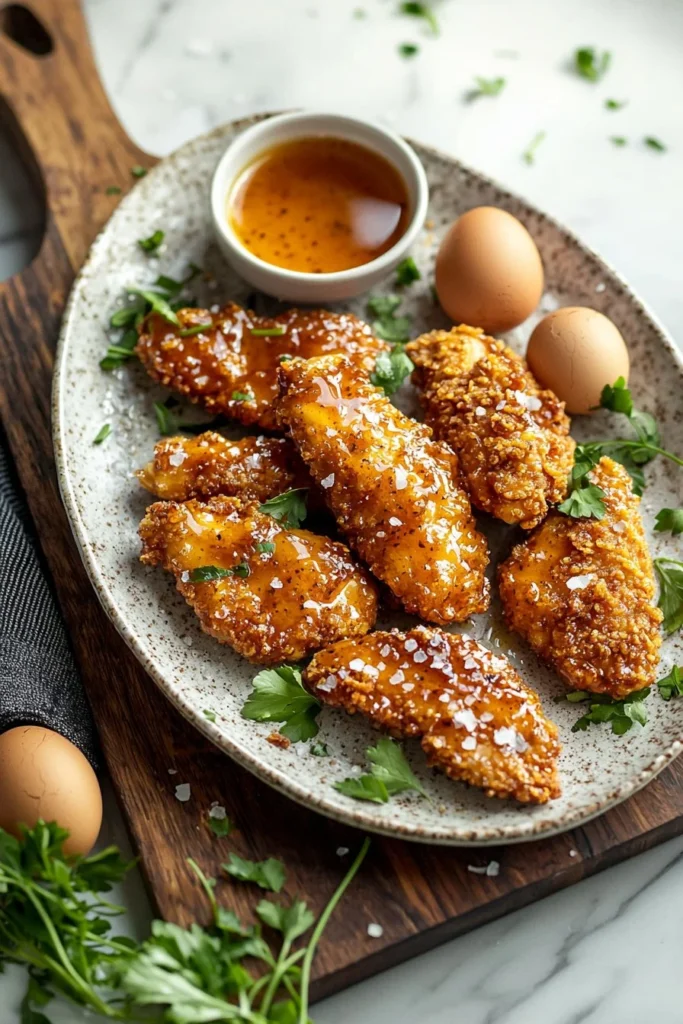 Air fryer hot honey chicken tenders served with a side of dipping sauce