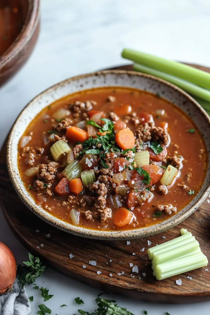 Italian-style beef soup served in a rustic bowl with herbs and vegetables