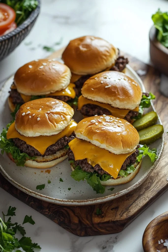 Plate of juicy cheeseburger sliders served with toppings and condiments