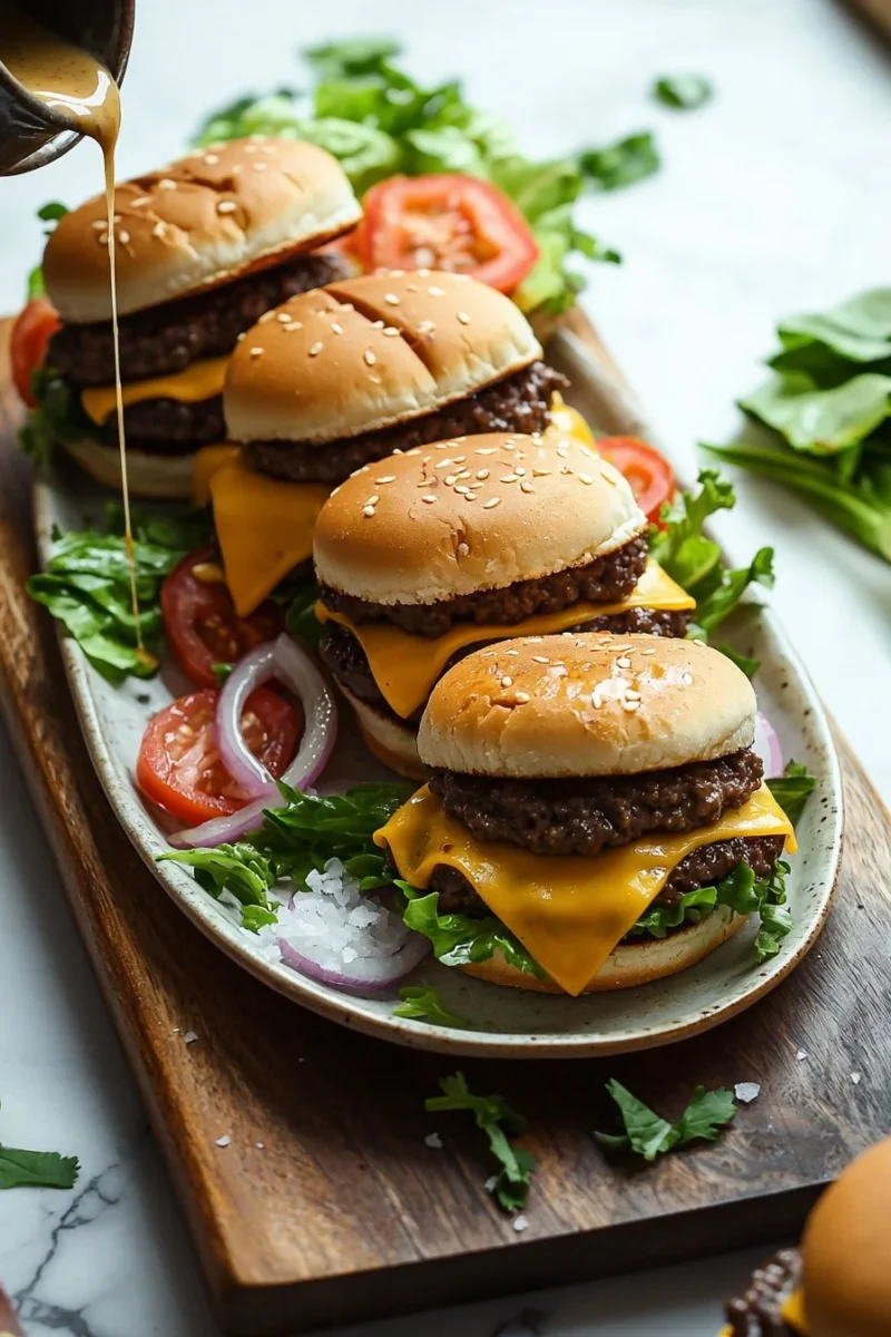 Plate of juicy cheeseburger sliders with toppings and sauces