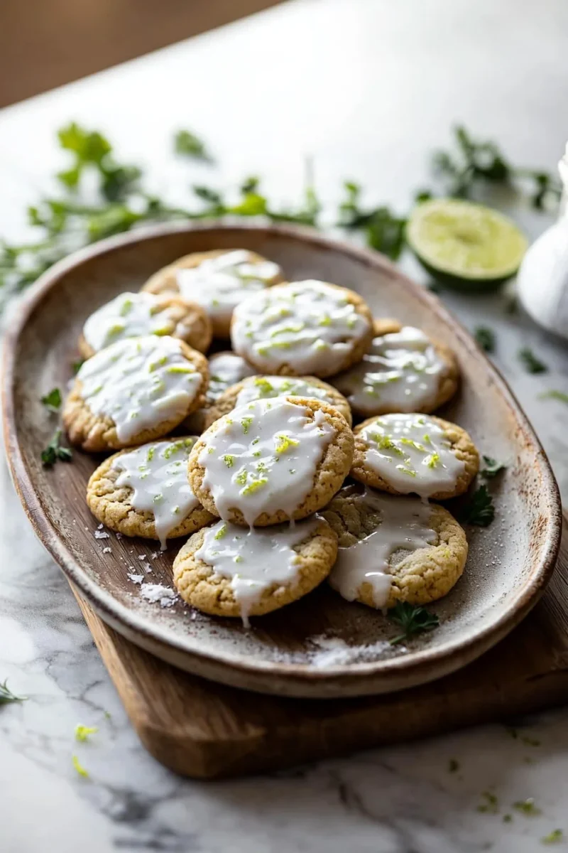 Delicious Key Lime Cookies drizzled with a tangy lime glaze on a plate.