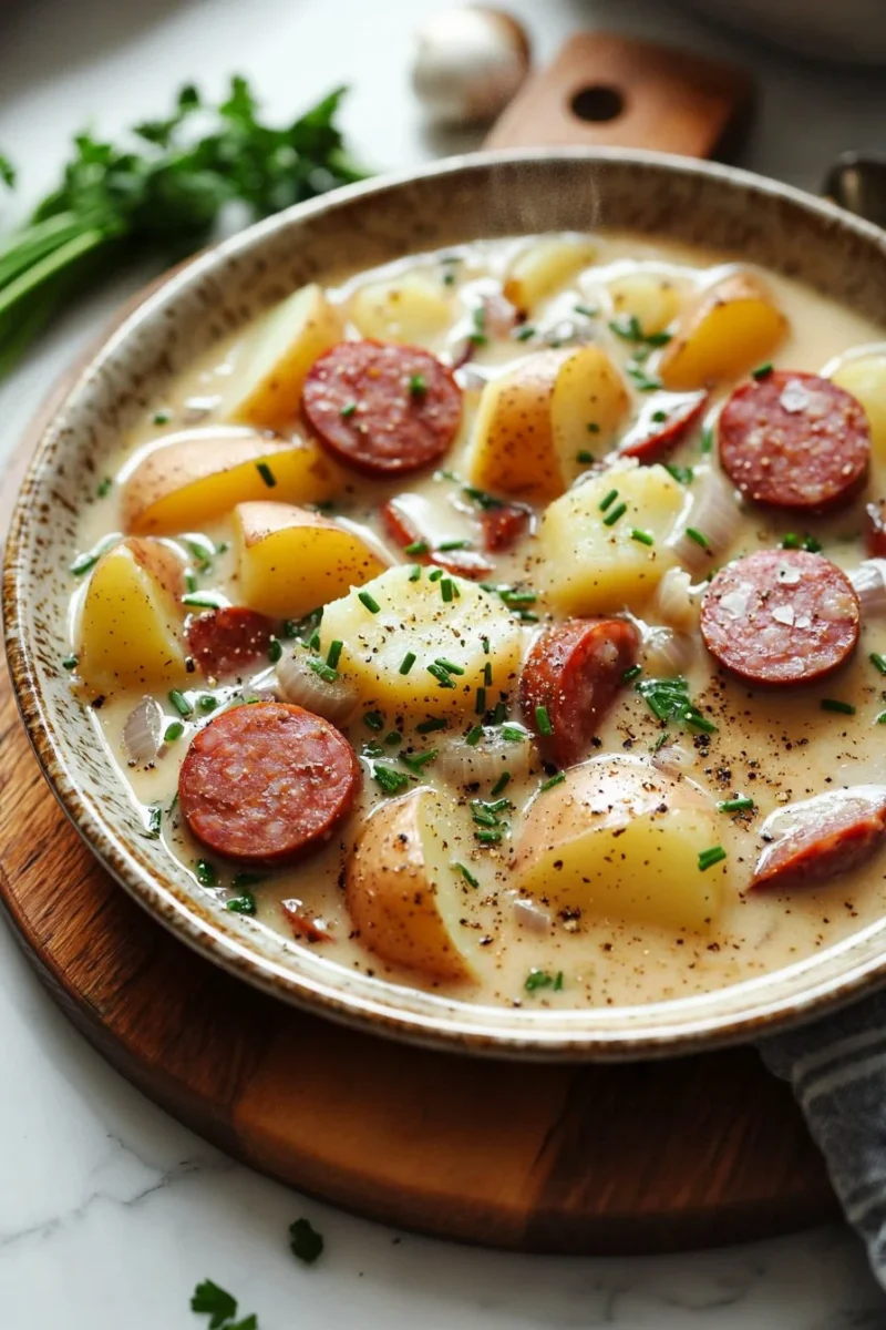 Delicious Kielbasa Potato Soup in a bowl with potatoes and sausage
