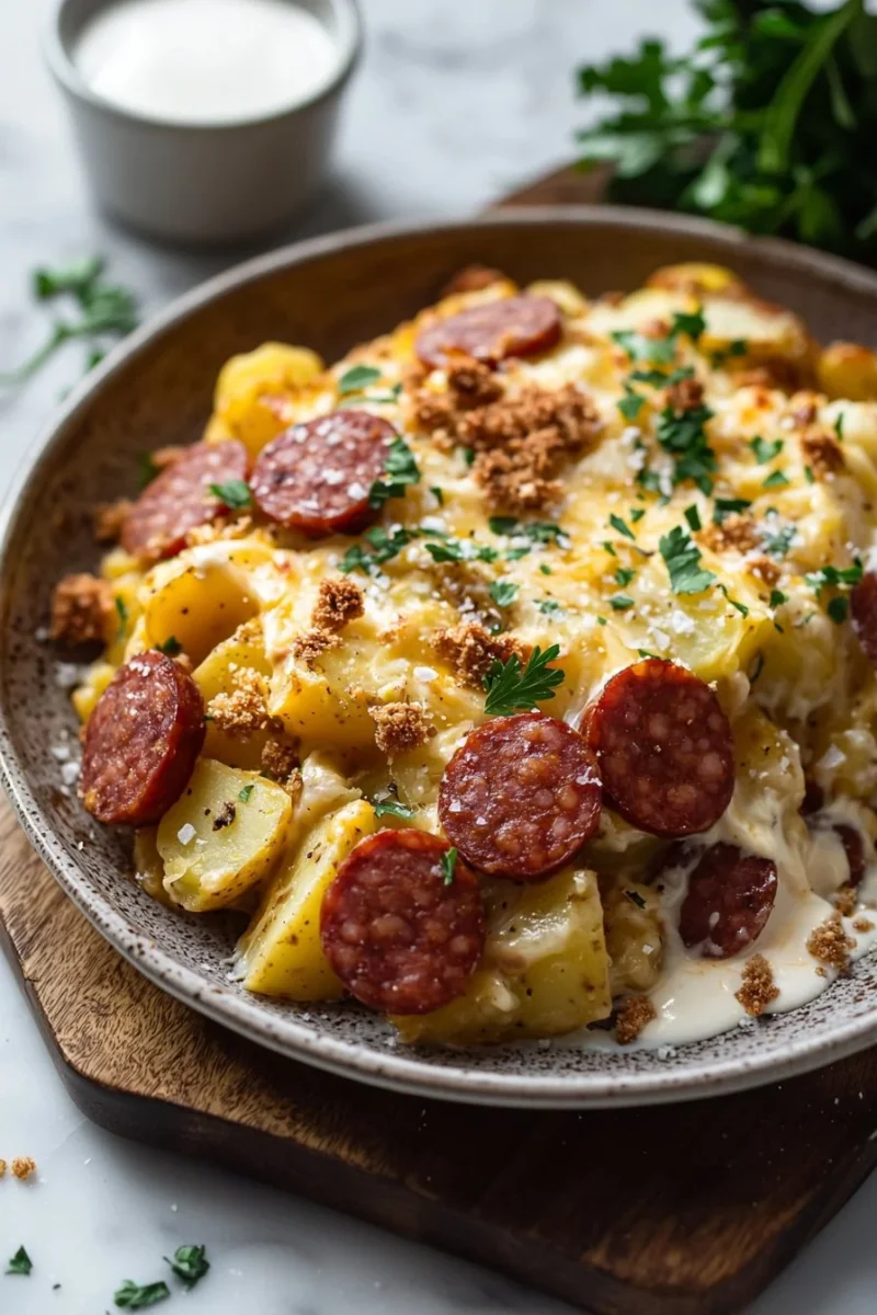 Delicious Kielbasa sausage cheesy potato casserole served in a dish