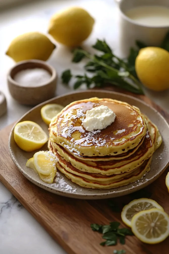 Fluffy Lemon Ricotta Pancakes topped with fresh fruit and syrup