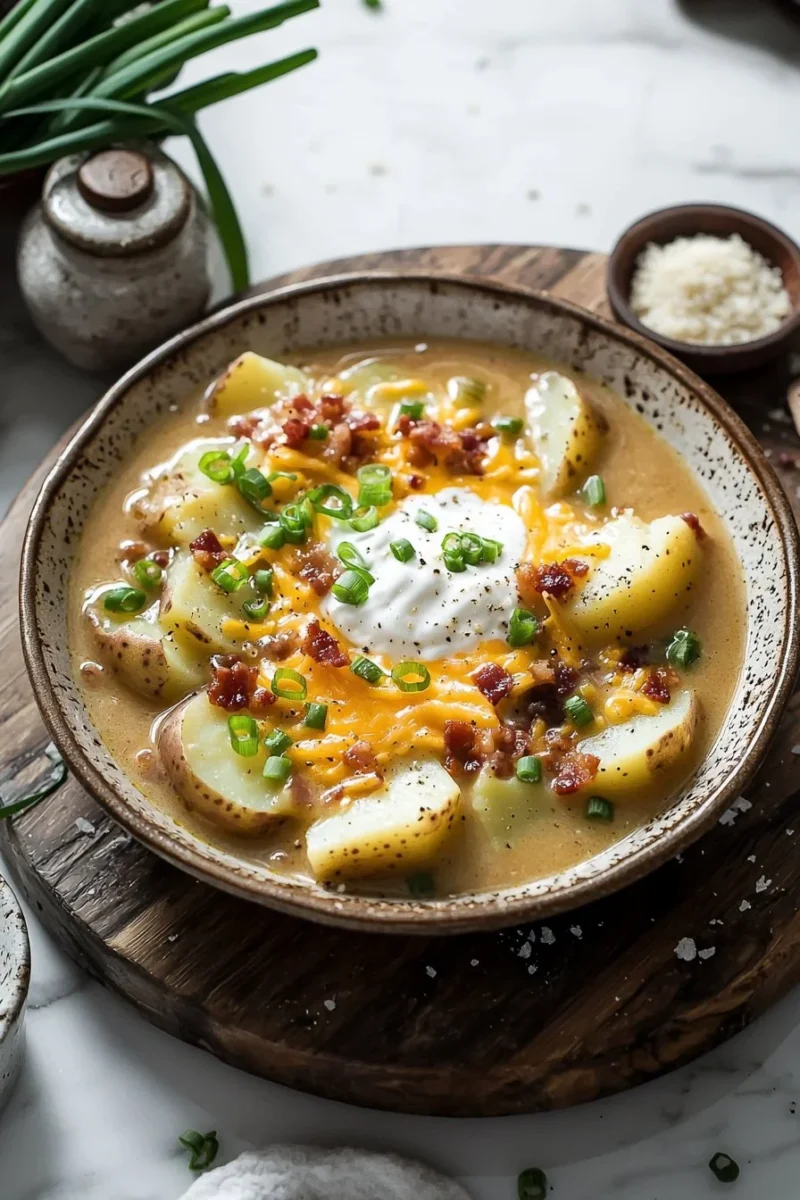 Bowl of loaded baked potato soup topped with cheese, bacon, and green onions