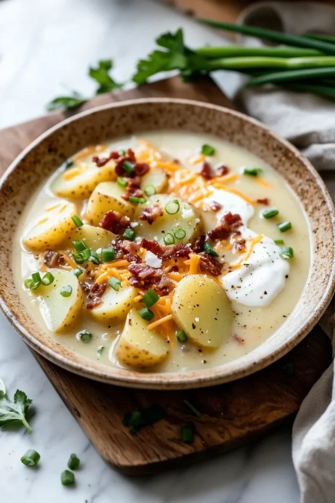 Delicious Loaded Crockpot Potato Soup served in a bowl with toppings