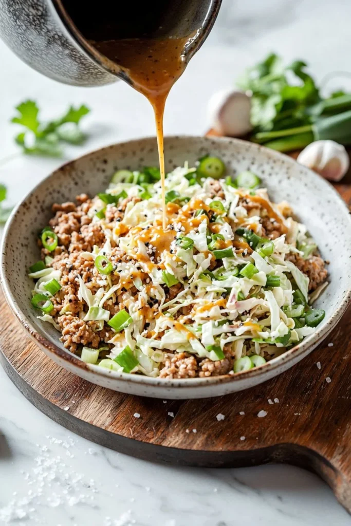 Low Calorie Egg Roll in a Bowl with fresh vegetables and seasonings