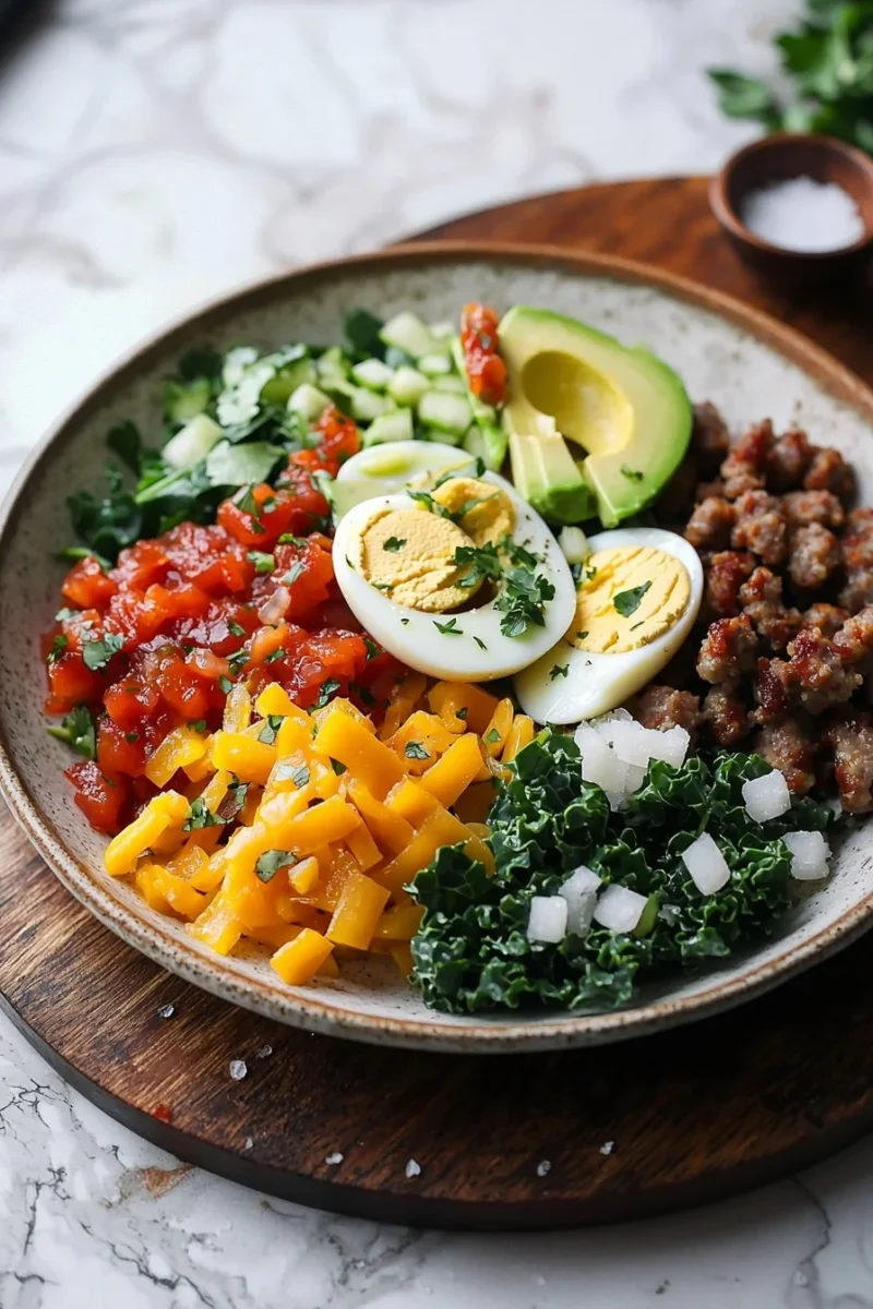Low carb breakfast burrito bowl with fresh ingredients in a serving dish