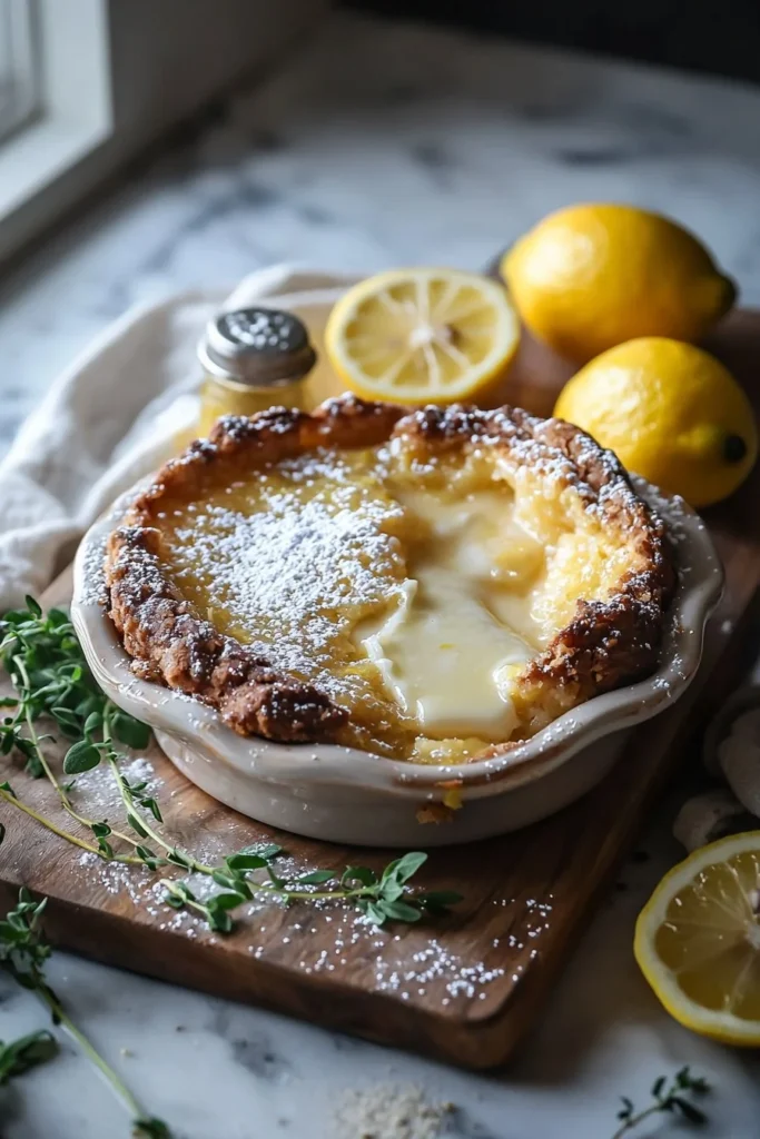 Delicious Magic Lemon Cobbler dessert served in a dish with a golden crust and lemon zest.