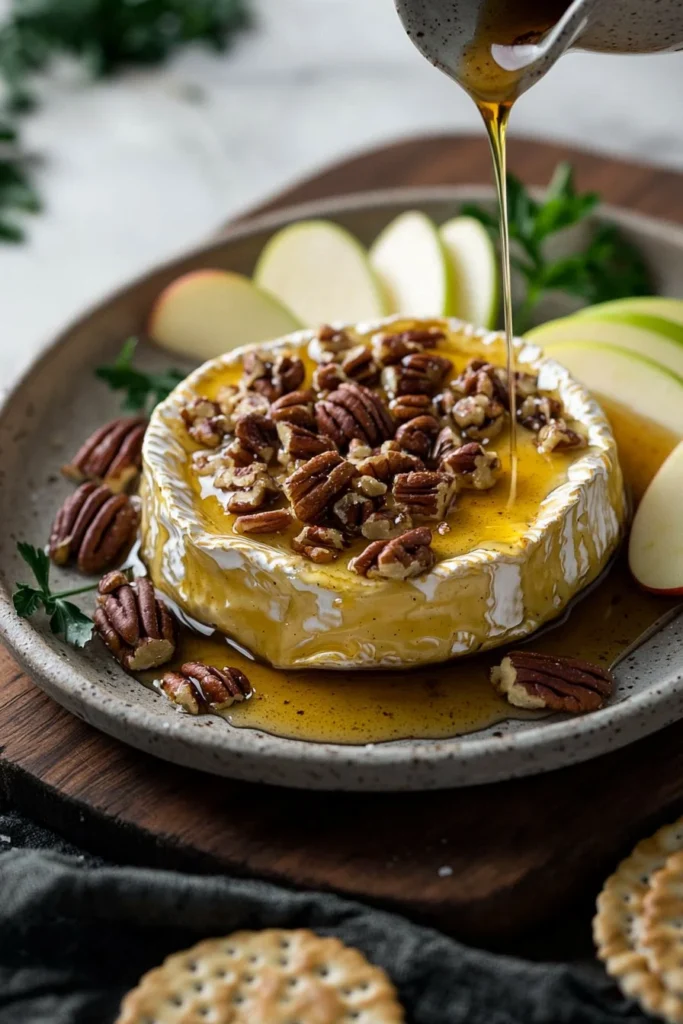 Maple Pecan Baked Brie with pecans and drizzled maple syrup, a delicious appetizer.