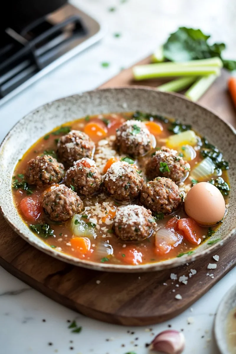 A hearty bowl of Meatball Soup topped with fresh herbs and vegetables