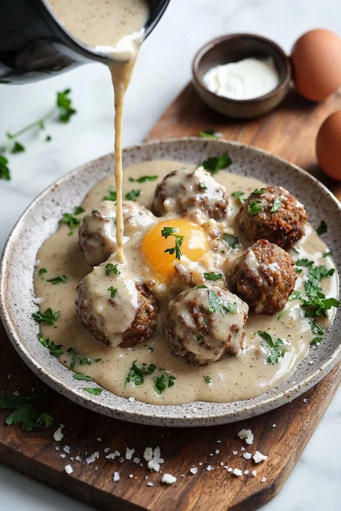 Delicious meatballs served with rich gravy on a plate.