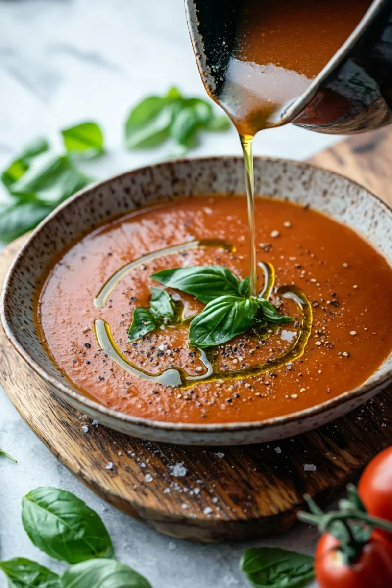 Bowl of Middle-of-Winter Tomato Soup garnished with fresh herbs
