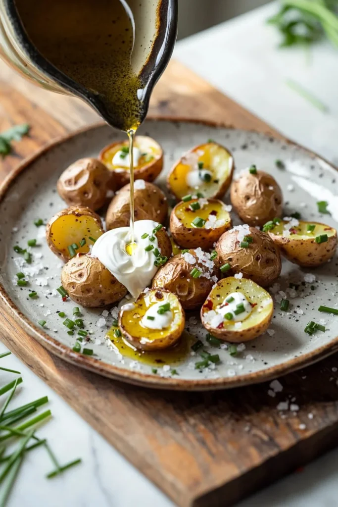 Mini baked potatoes appetizer topped with sour cream and chives