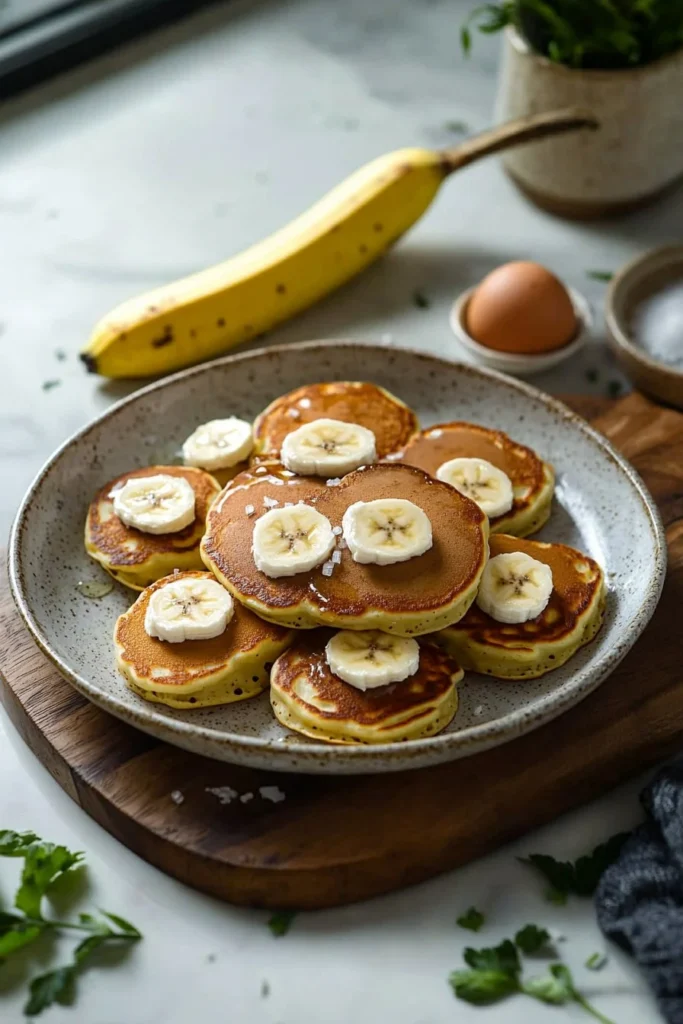 A stack of mini banana pancakes topped with syrup and sliced bananas