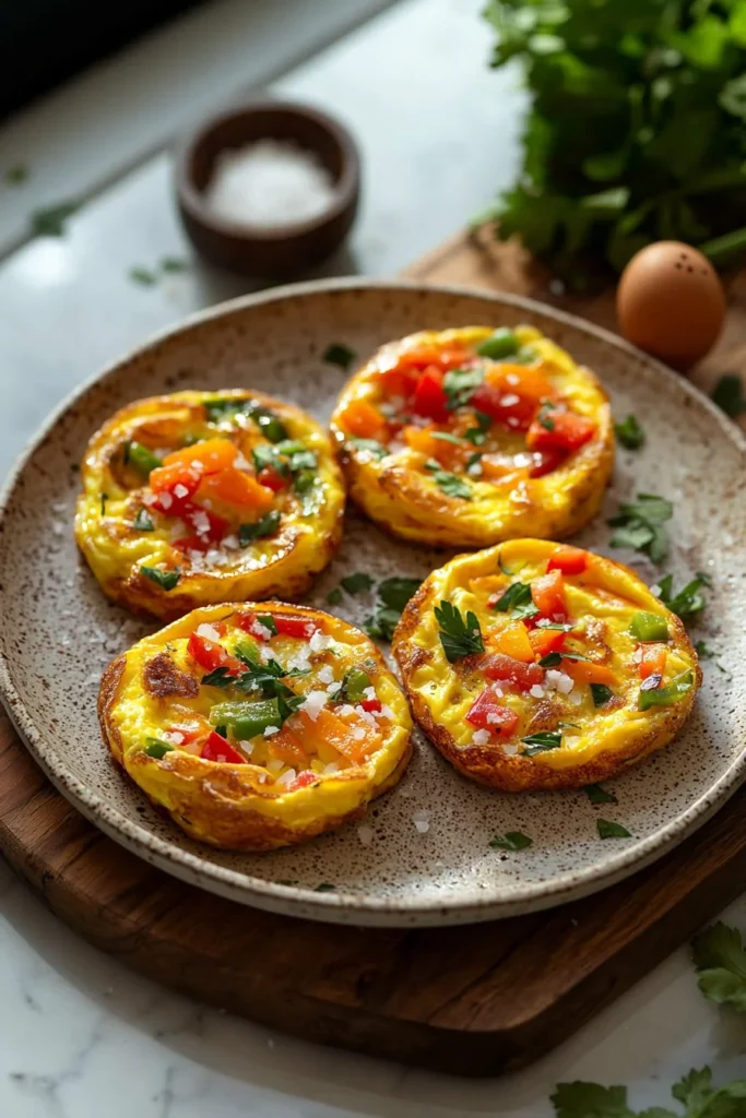 Mini breakfast omelet with vegetables and cheese on a plate