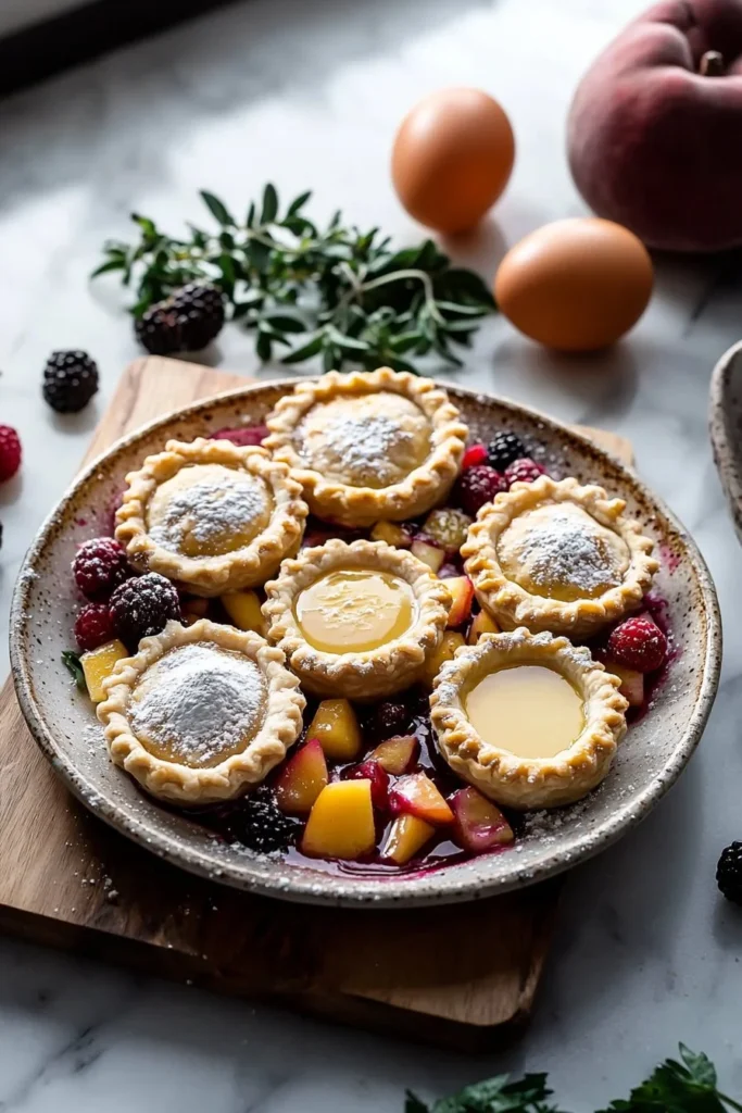 Delicious mini fruit pies with colorful fillings displayed on a wooden table