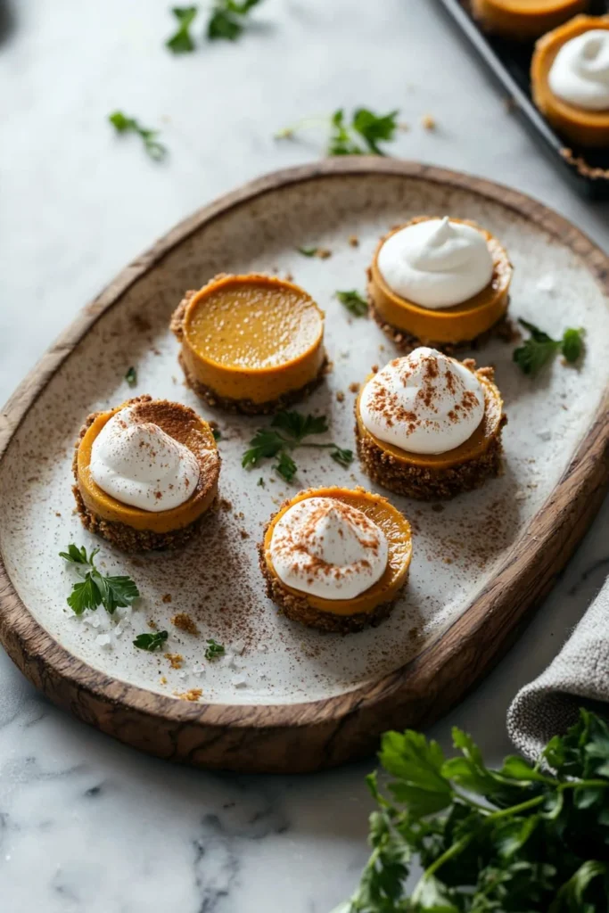 Mini pumpkin cheesecakes topped with whipped cream and spices
