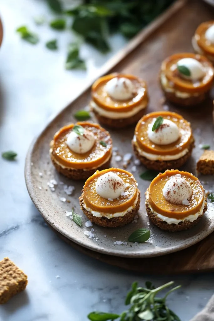 Mini pumpkin cheesecakes topped with whipped cream and spices