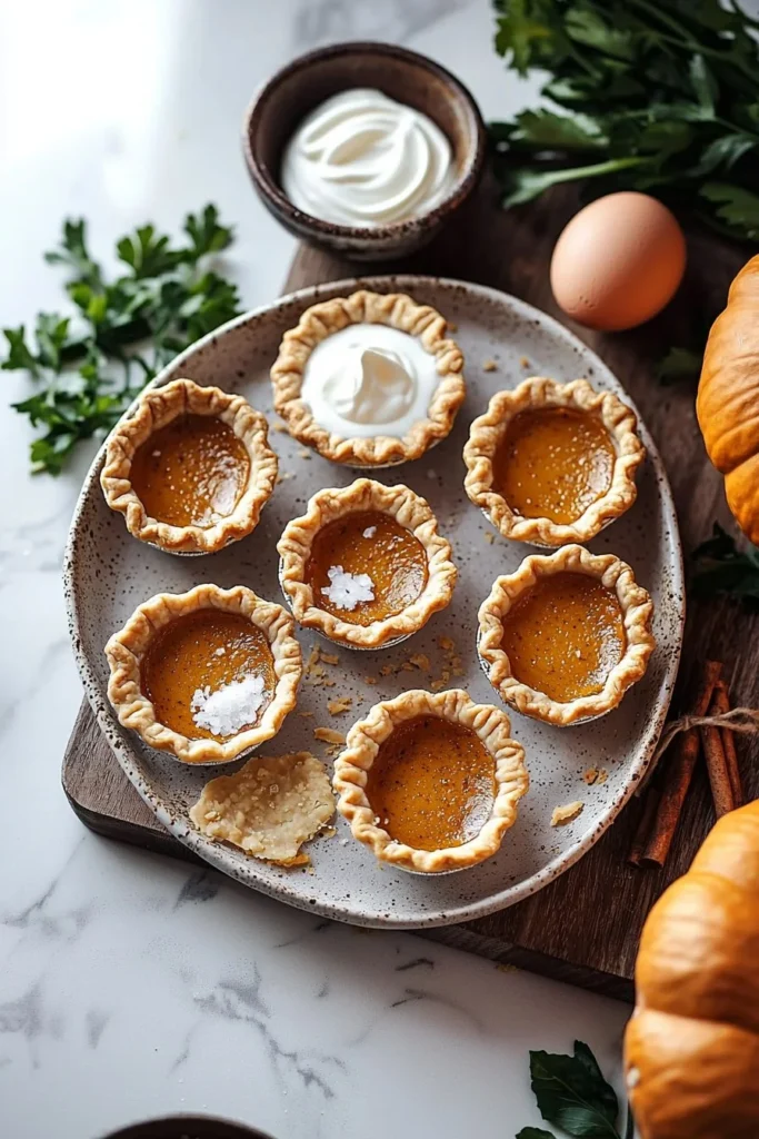 Delicious mini pumpkin pies topped with whipped cream and spices