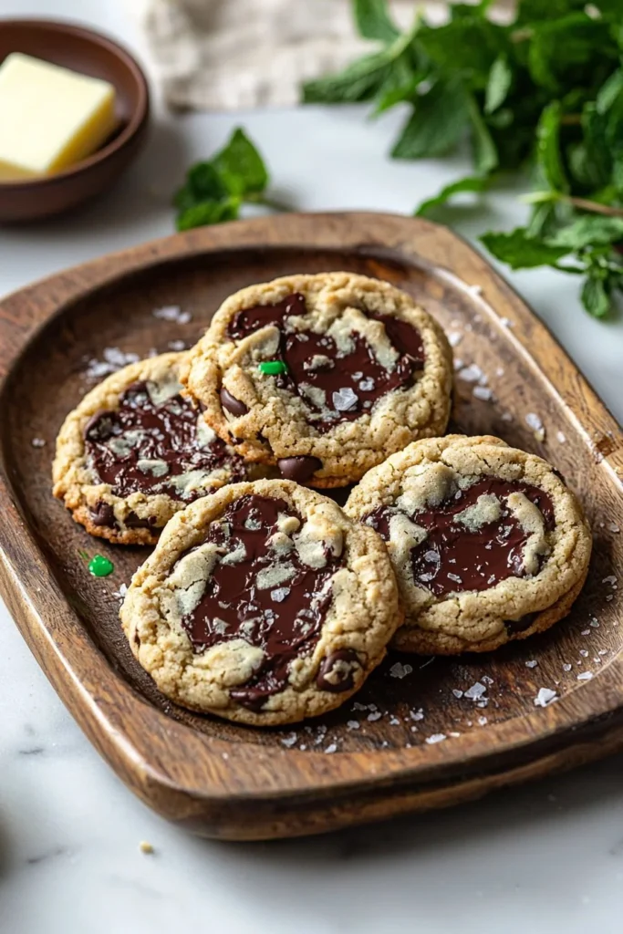 Freshly baked mint chocolate chip cookies on a cooling rack