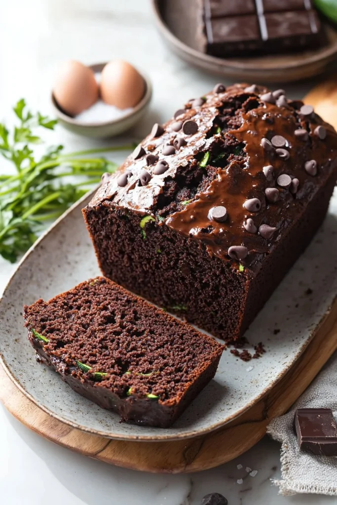 Moist chocolate zucchini bread sliced on a wooden board