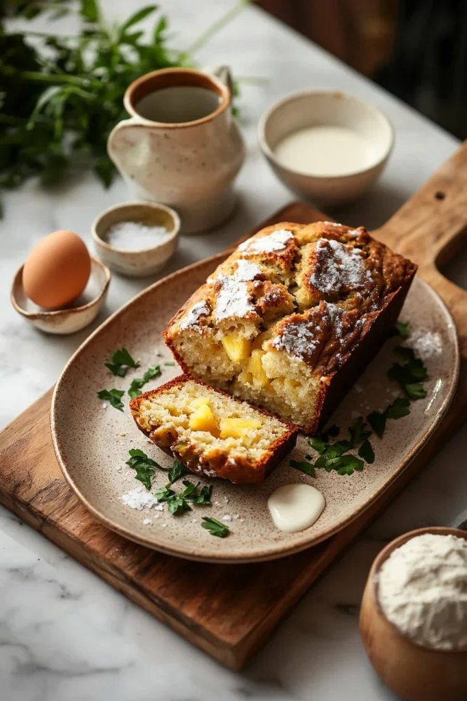 Moist pineapple bread fresh out of the oven, served on a wooden table.